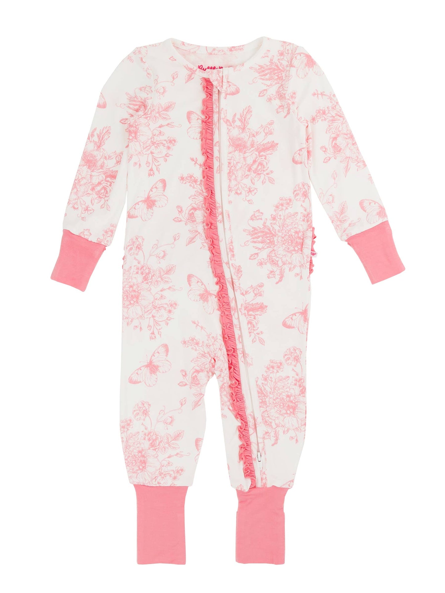 Baby Girls Pink Butterfly Garden Bamboo Convertible Ruffle Pajama