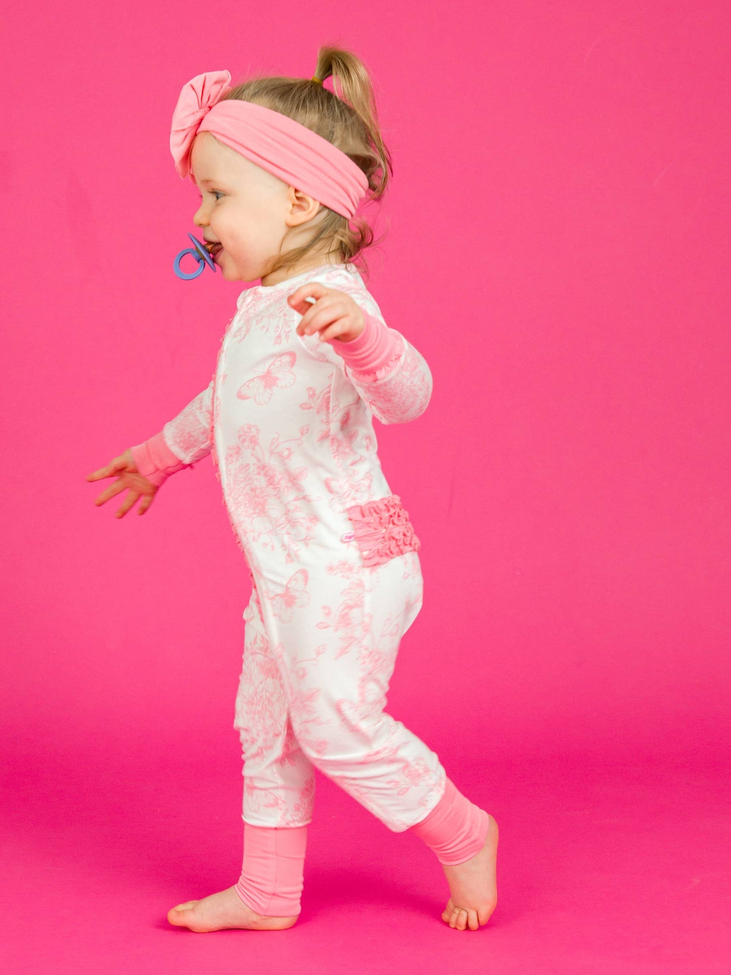 Baby Girls Pink Butterfly Garden Bamboo Convertible Ruffle Pajama