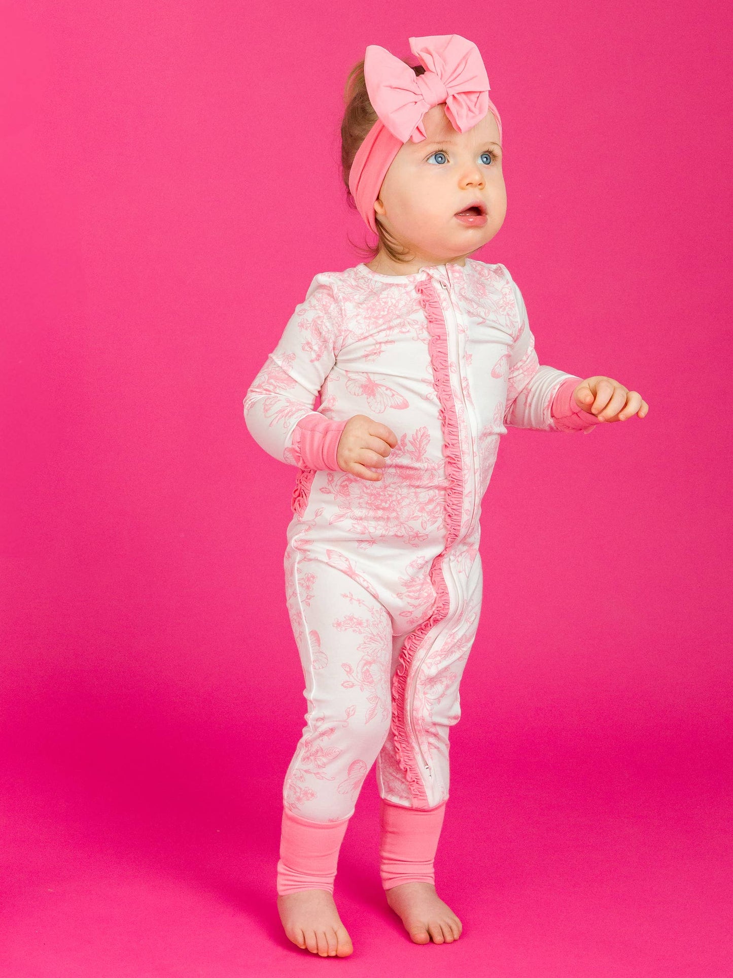 Baby Girls Pink Butterfly Garden Bamboo Convertible Ruffle Pajama