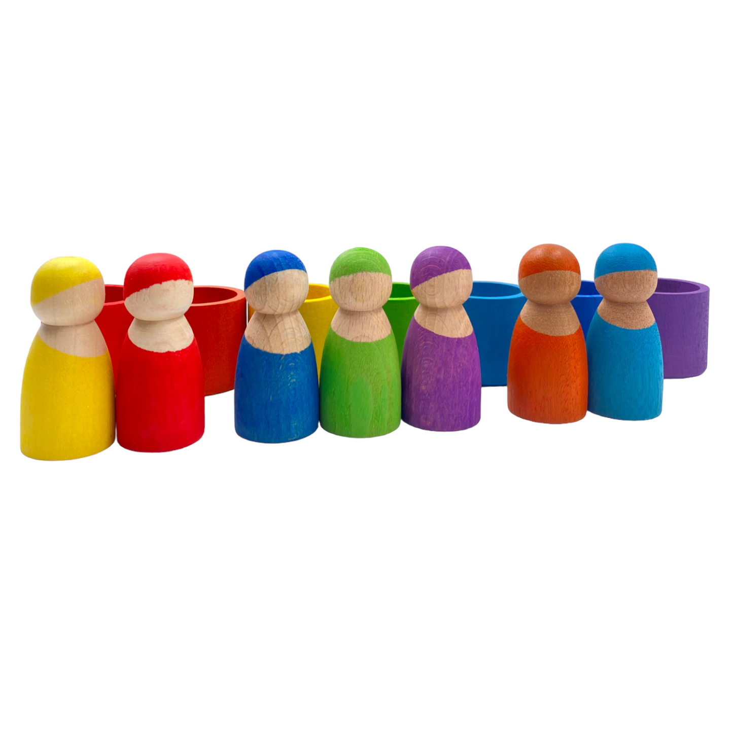 7-Piece “Skin Stones” Stained Rainbow Wooden Peg Dolls in Matching Bowls