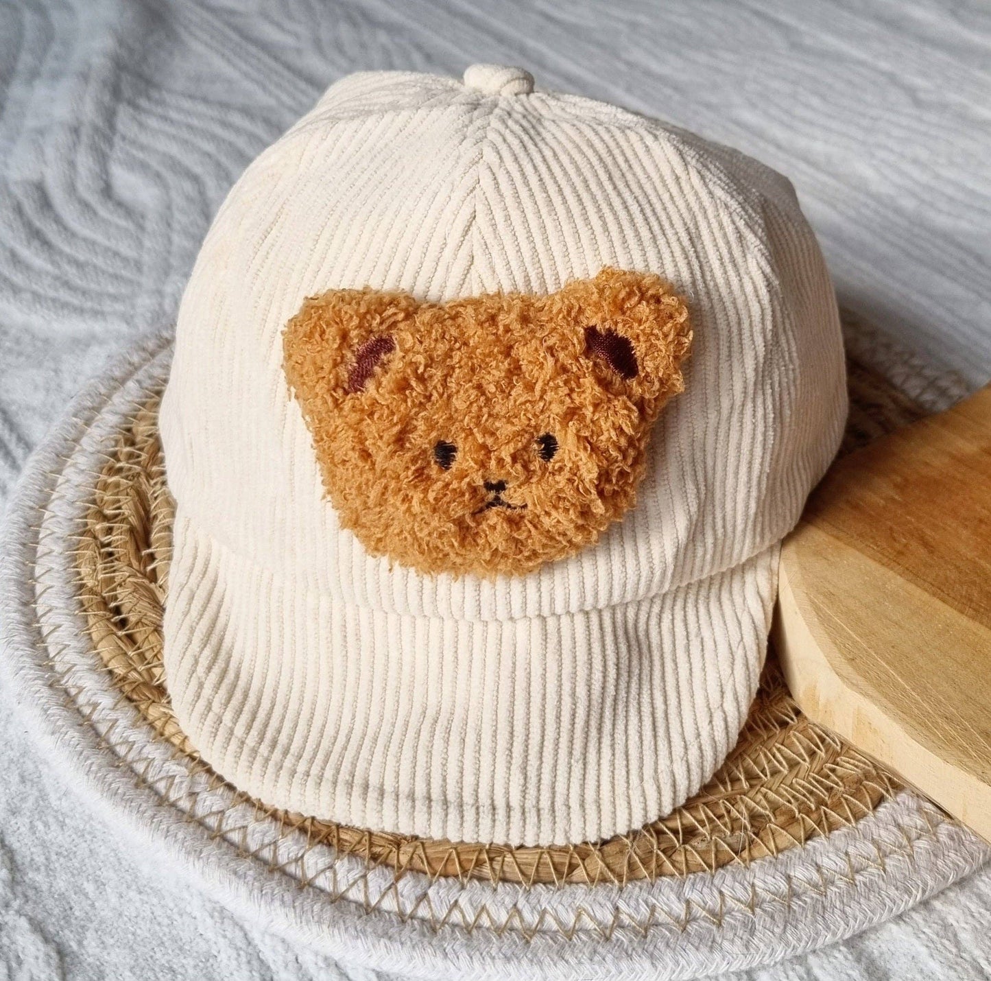 Kids Beige Corduroy Teddy Bear Cap Hat