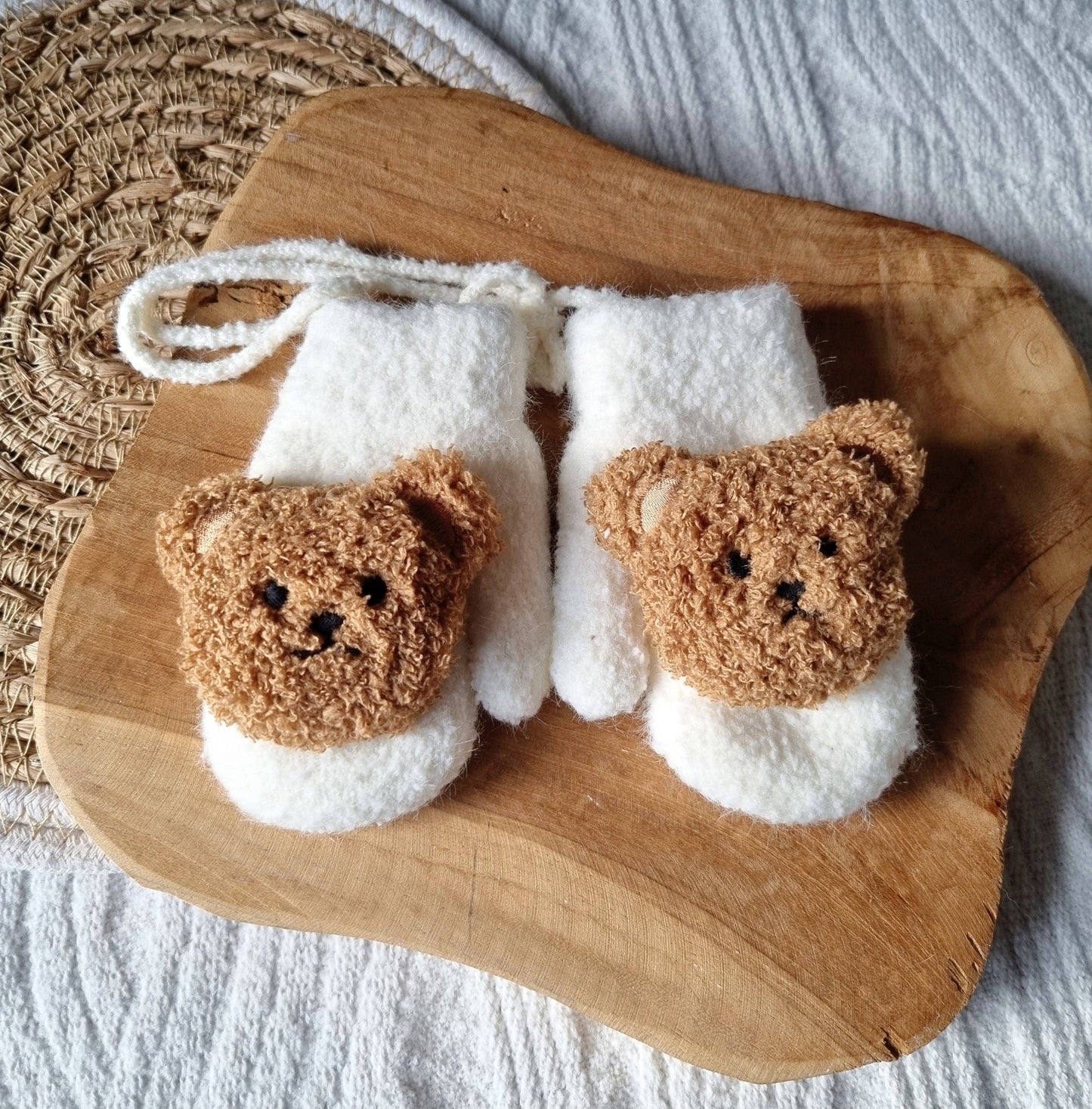 Winter Toddler Baby Mittens Gloves With Teddy Bears in Beige