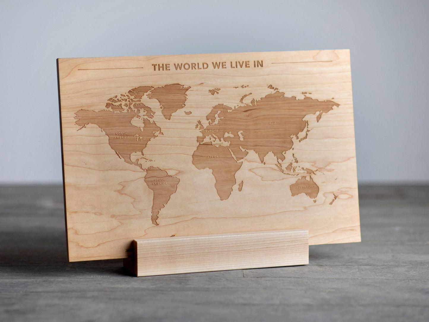Wooden World Map Engraved on Wood with World's Continents