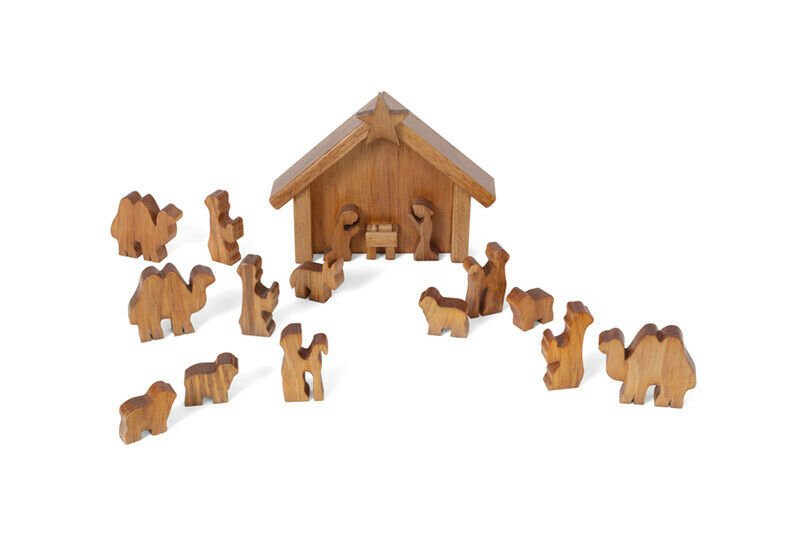 Wooden Nativity Manger Scene Set, 14 Pieces