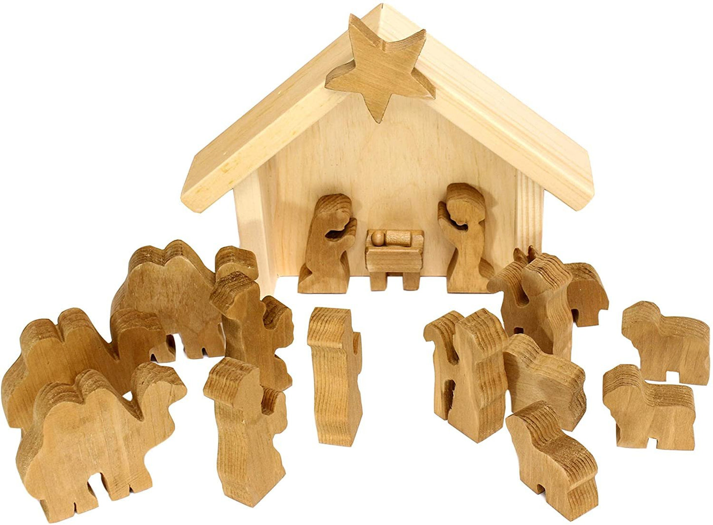 Wooden Nativity Manger Scene Set, 14 Pieces