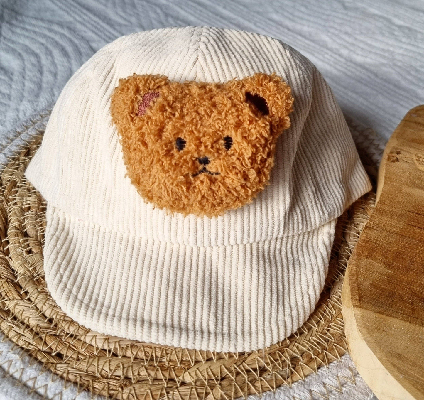 Kids Beige Corduroy Teddy Bear Cap Hat