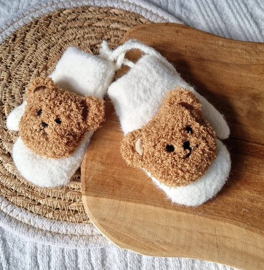 Winter Toddler Baby Mittens Gloves With Teddy Bears in Beige
