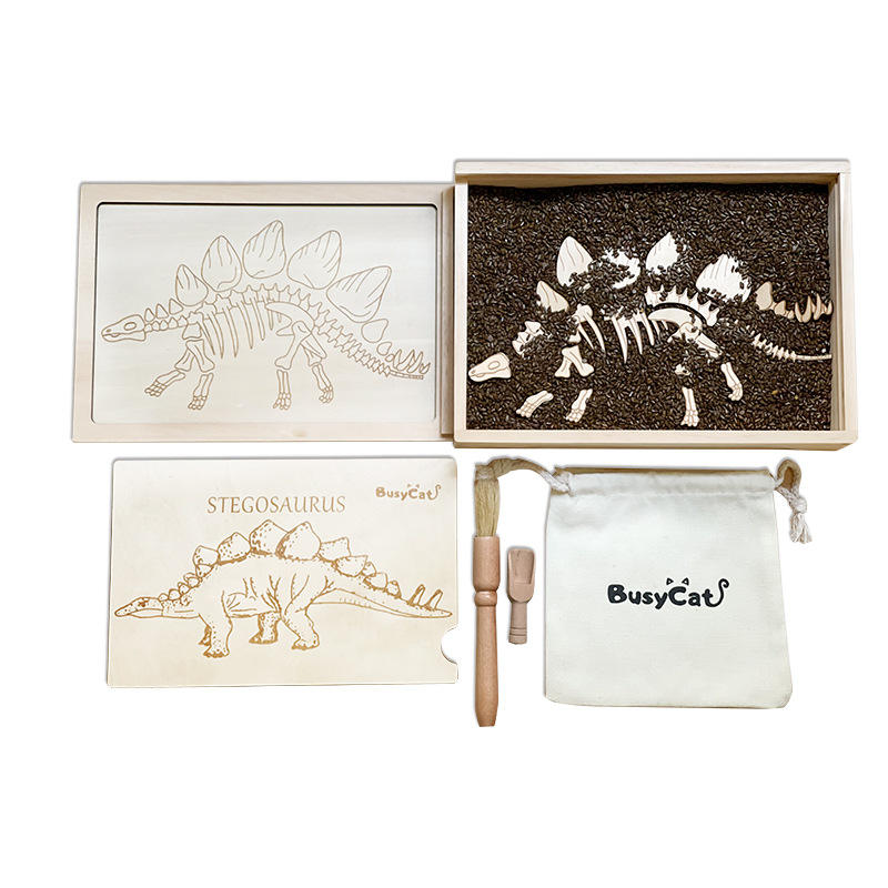 Multiple views of wooden stegosaurus puzzle kit