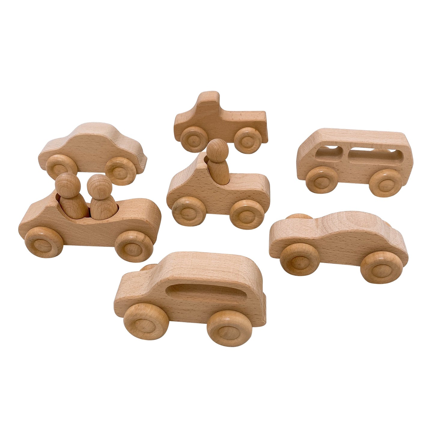 7 Pcs Natural Wooden Cars Set with 3 pcs Peg Dolls