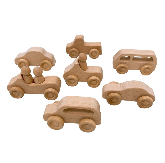 7 Pcs Natural Wooden Cars Set with 3 pcs Peg Dolls
