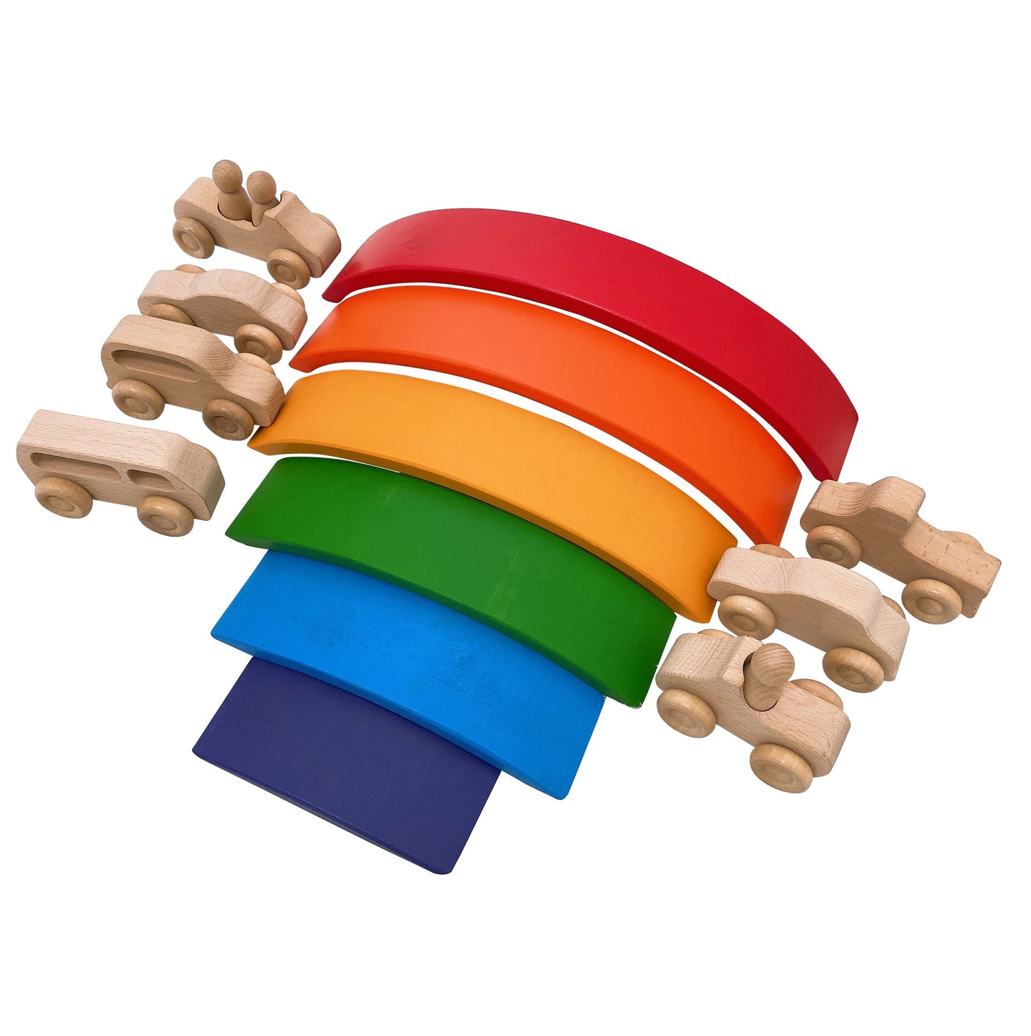 7 Pcs Natural Wooden Cars Set with 3 pcs Peg Dolls