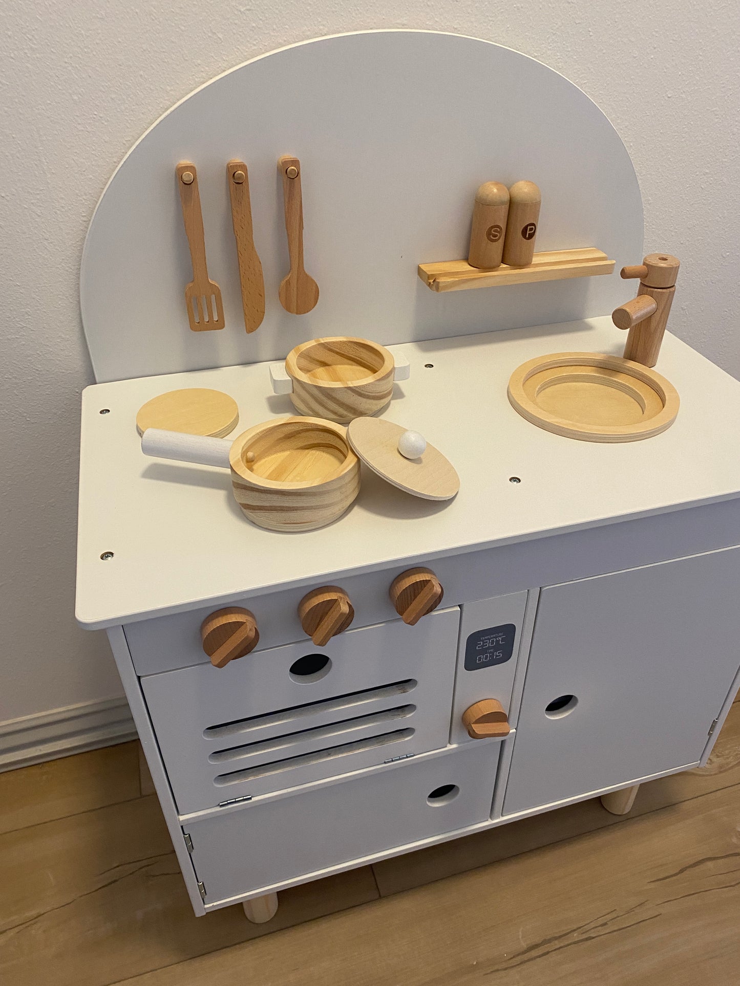 White Modern Wooden Play Kitchen for Kids