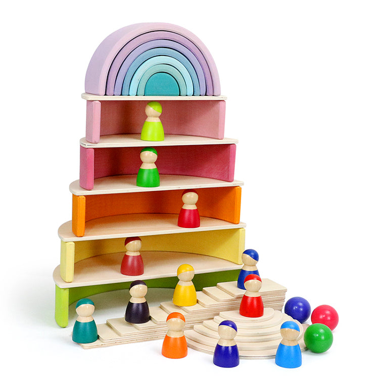 12 Pcs Large Wooden Rainbow Stacking Blocks in Pastel/Macaron Colors