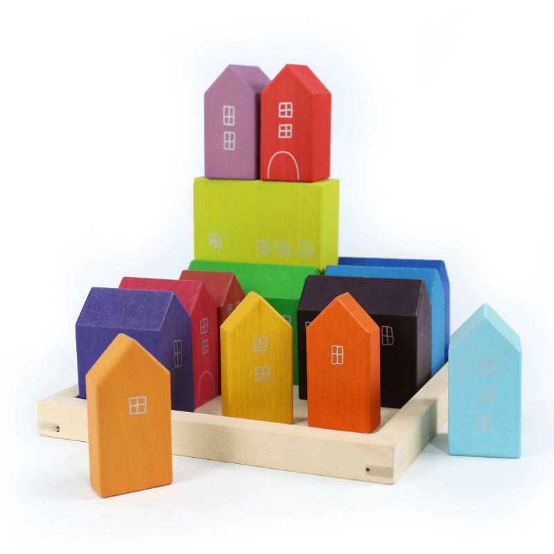 15-Piece Stained Little Village Wooden House Building Blocks Se