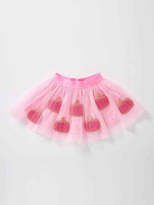 Fall Girls Pink Pumpkin Appliqué Tulle Skirt