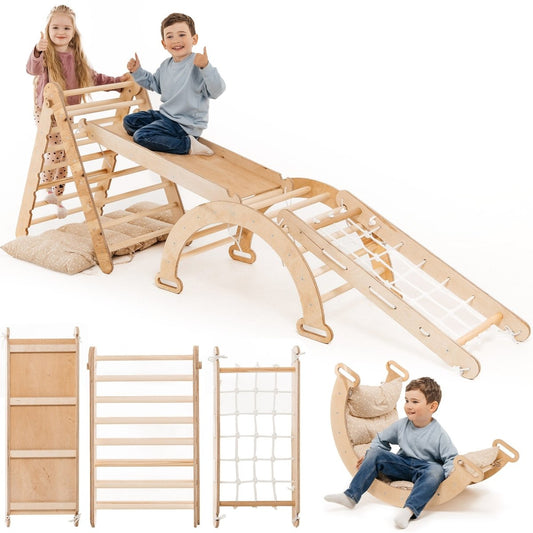 5in1 Montessori Climbing Set: Triangle Ladder + Arch/Rocker + Slide Board/Ramp + Netting rope + Cushion