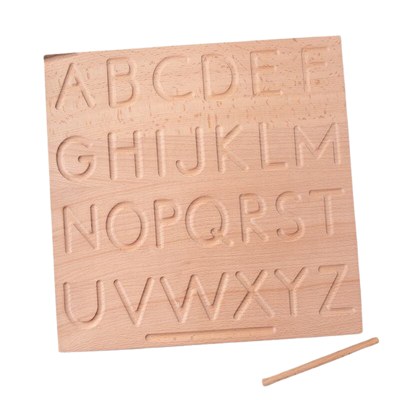 Uppercase letters on wooden tracing board