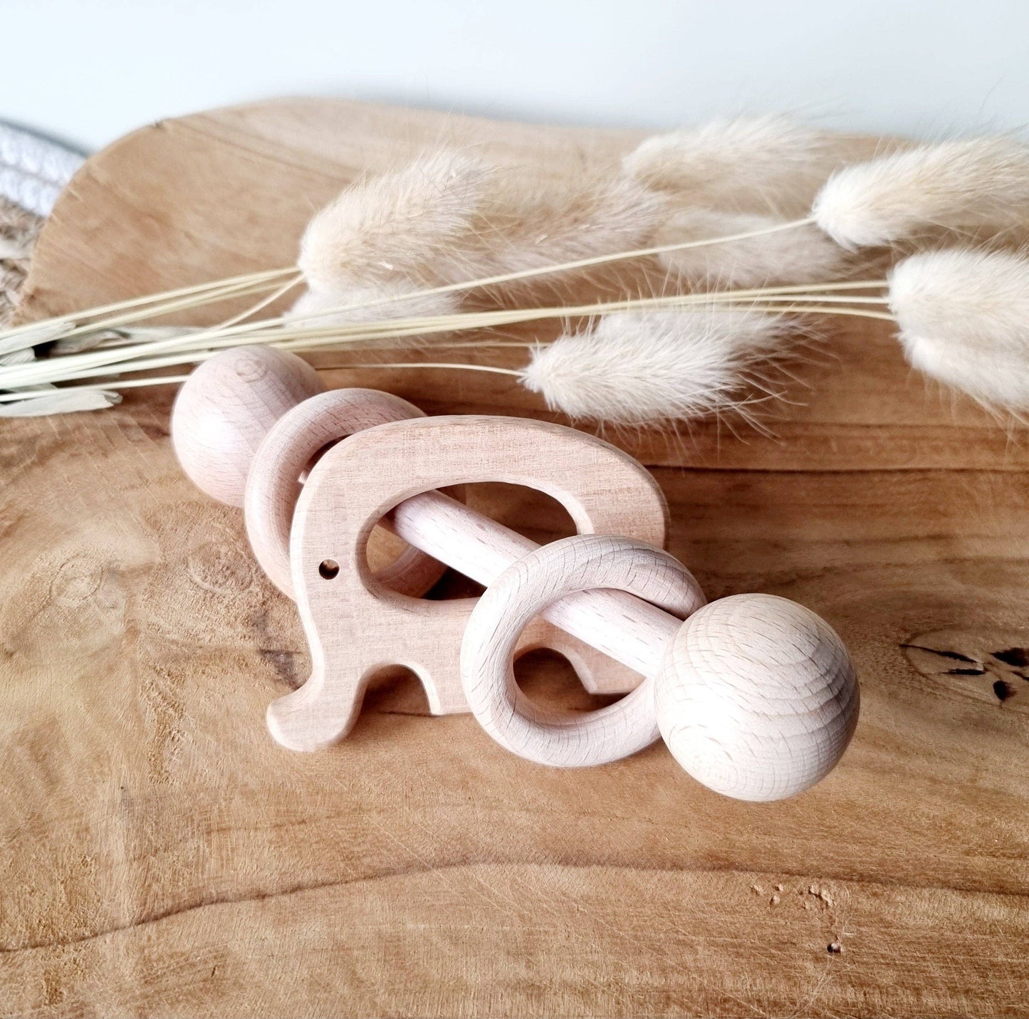 Wooden Elephant Rattle with Rings