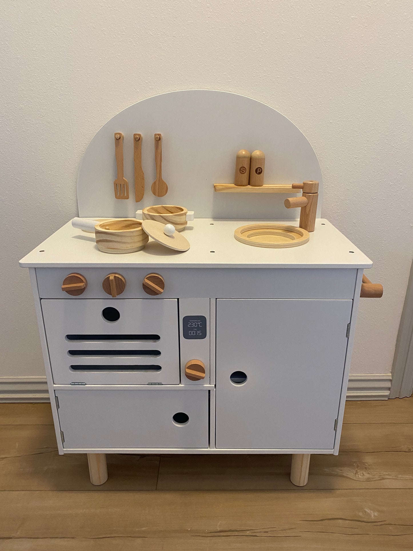 White Modern Wooden Play Kitchen for Kids