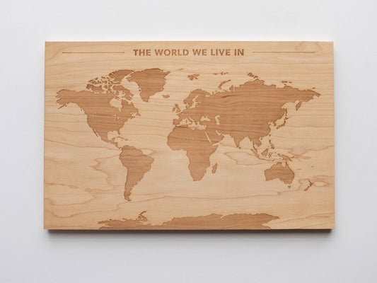 Wooden World Map Engraved on Wood with World's Continents