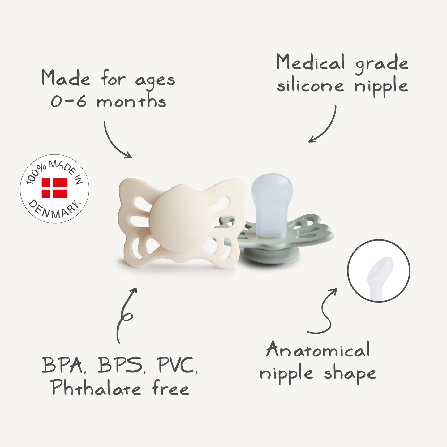 FRIGG Butterfly Anatomical Silicone Pacifier 2-Pack (0-6 Months)