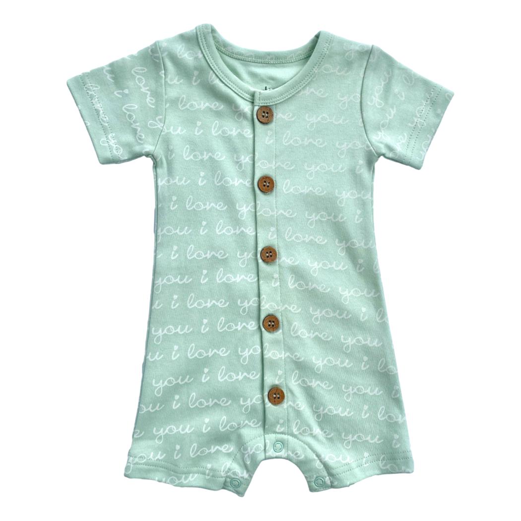 GOTS Certified Organic Cotton Short Sleeve Romper in I Love You (Desert Green)