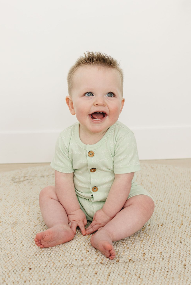 GOTS Certified Organic Cotton Short Sleeve Romper in I Love You (Desert Green)