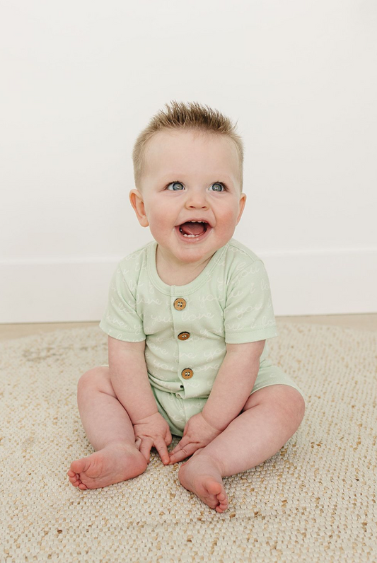 GOTS Certified Organic Cotton Short Sleeve Romper in I Love You (Desert Green)