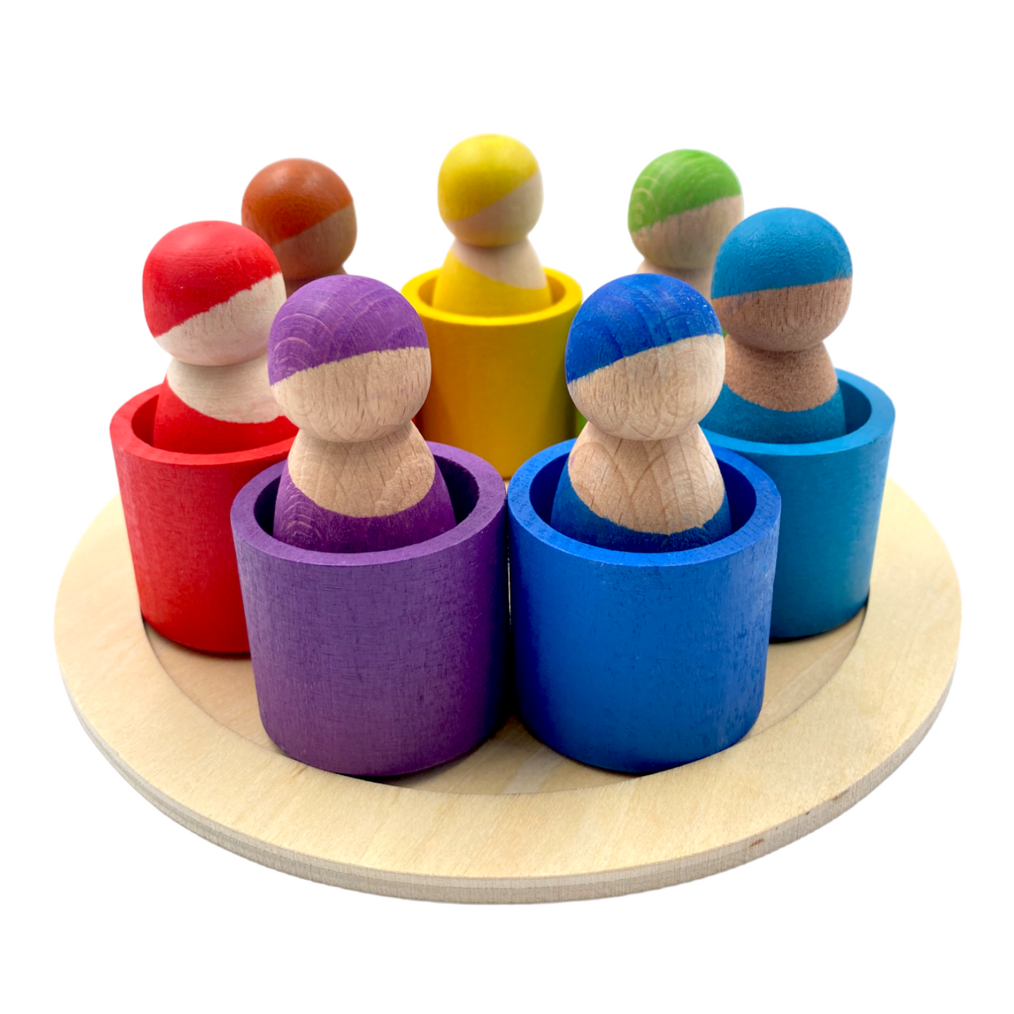 7-Piece “Skin Stones” Stained Rainbow Wooden Peg Dolls in Matching Bowls