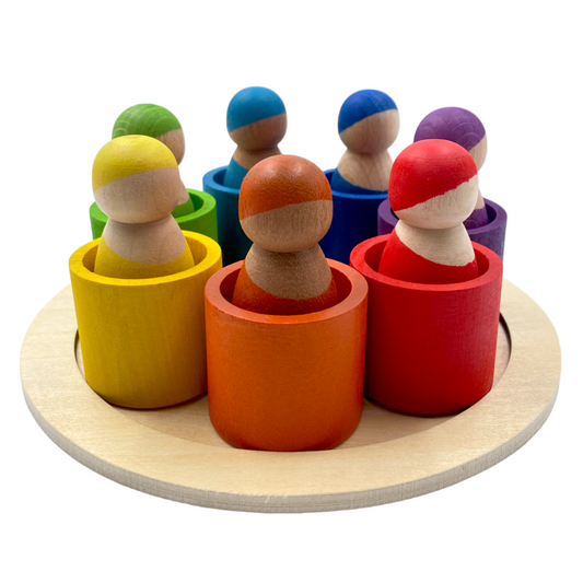 7-Piece “Skin Stones” Stained Rainbow Wooden Peg Dolls in Matching Bowls