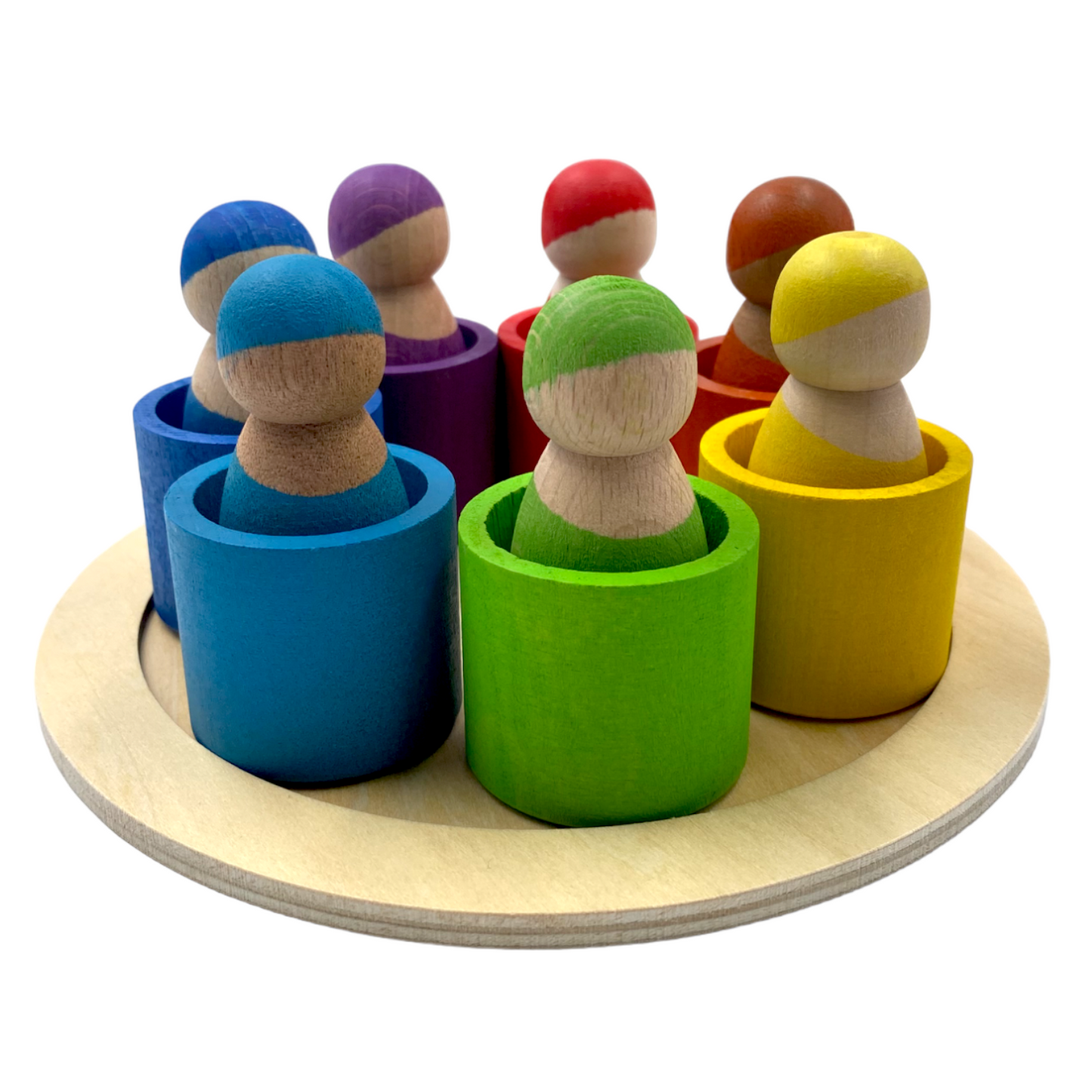 7-Piece “Skin Stones” Stained Rainbow Wooden Peg Dolls in Matching Bowls