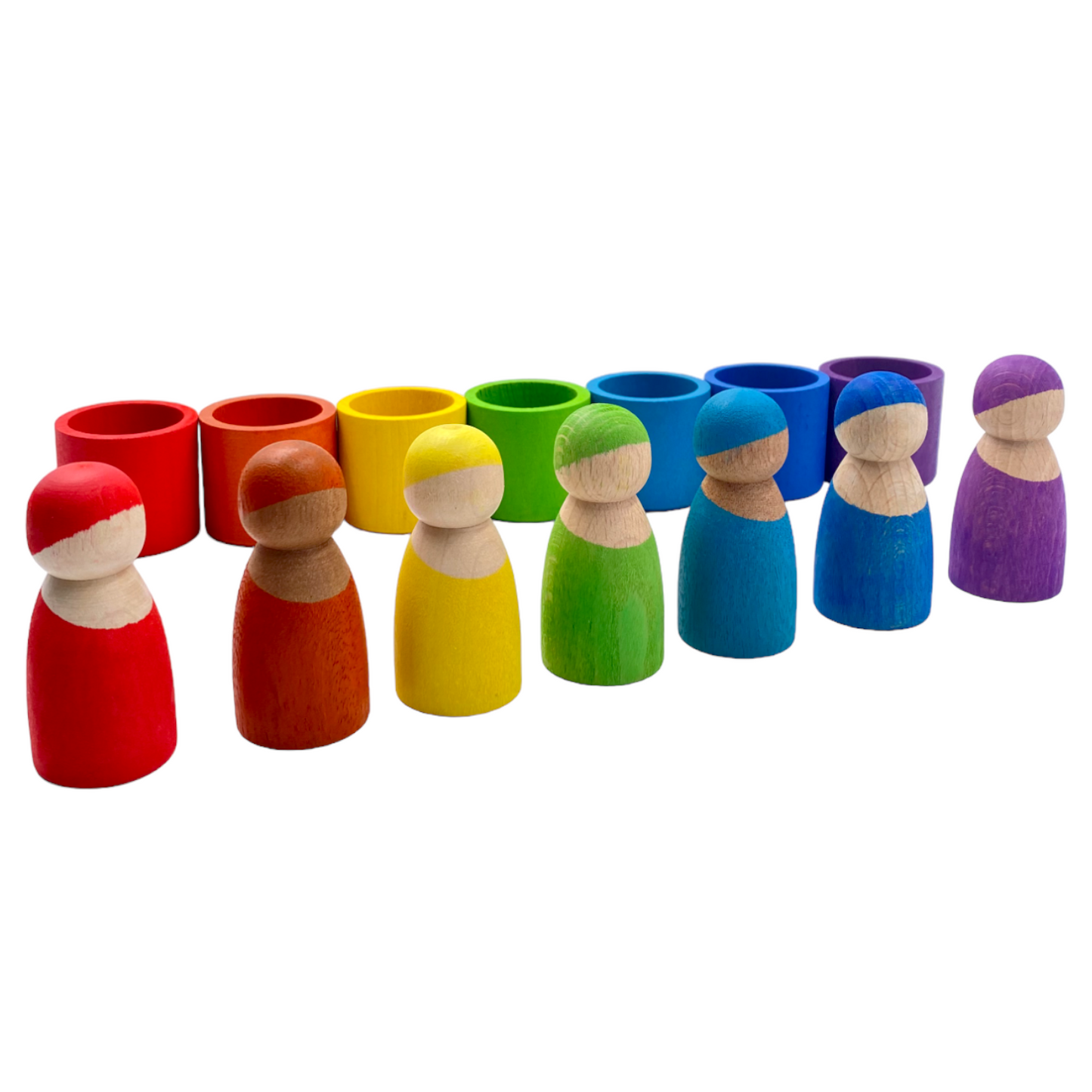 7-Piece “Skin Stones” Stained Rainbow Wooden Peg Dolls in Matching Bowls