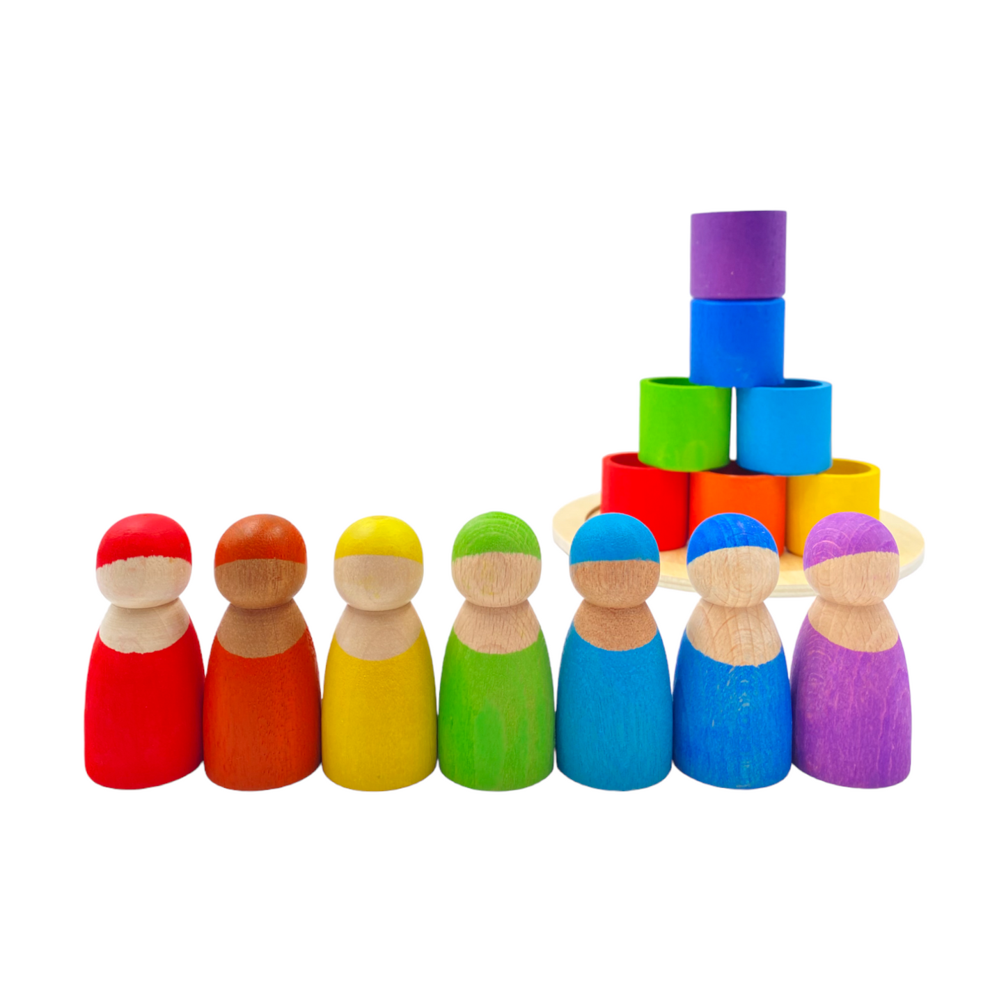 7-Piece “Skin Stones” Stained Rainbow Wooden Peg Dolls in Matching Bowls