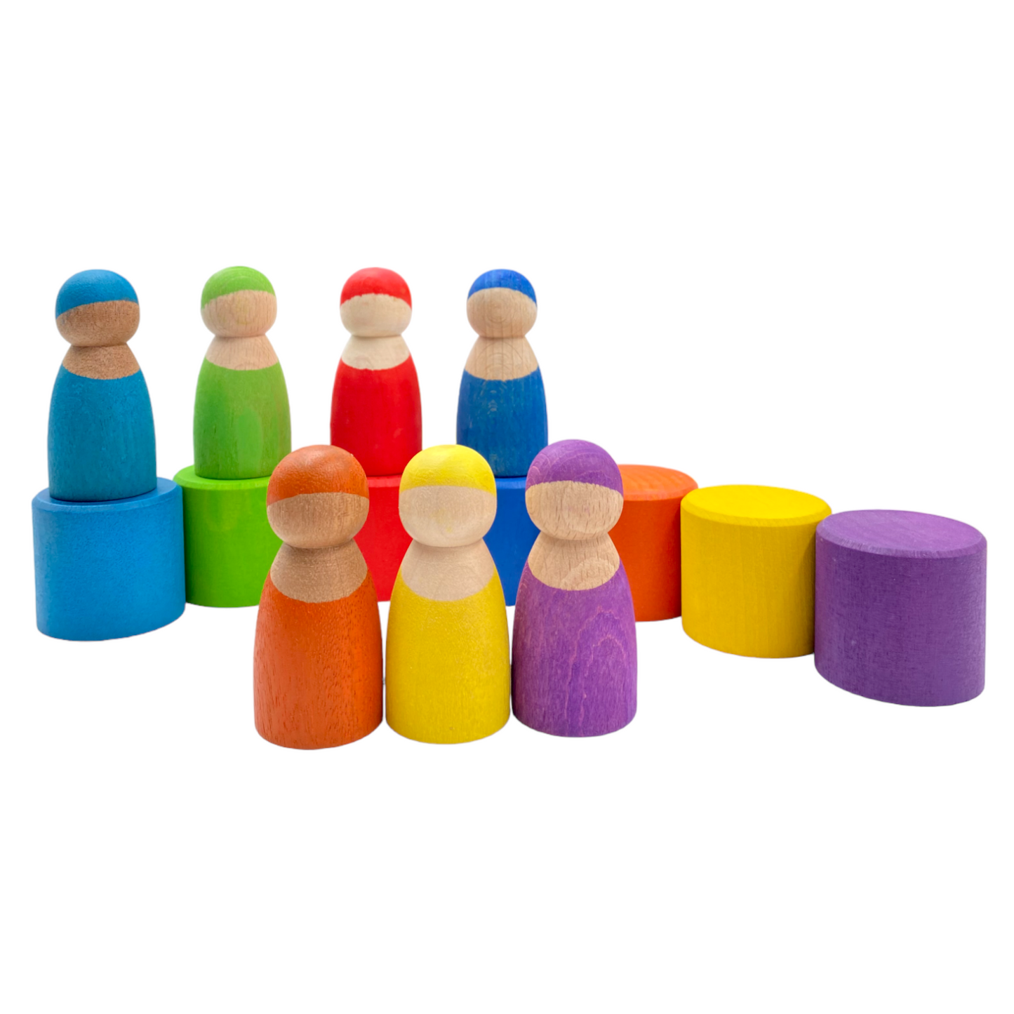 7-Piece “Skin Stones” Stained Rainbow Wooden Peg Dolls in Matching Bowls