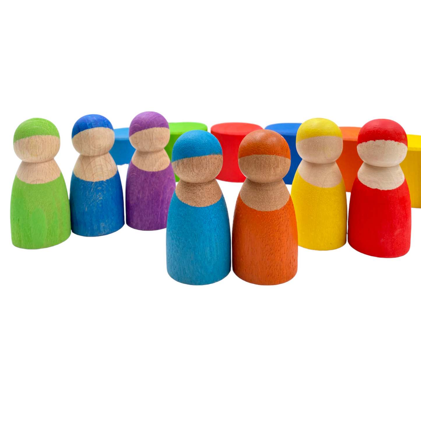 7-Piece “Skin Stones” Stained Rainbow Wooden Peg Dolls in Matching Bowls