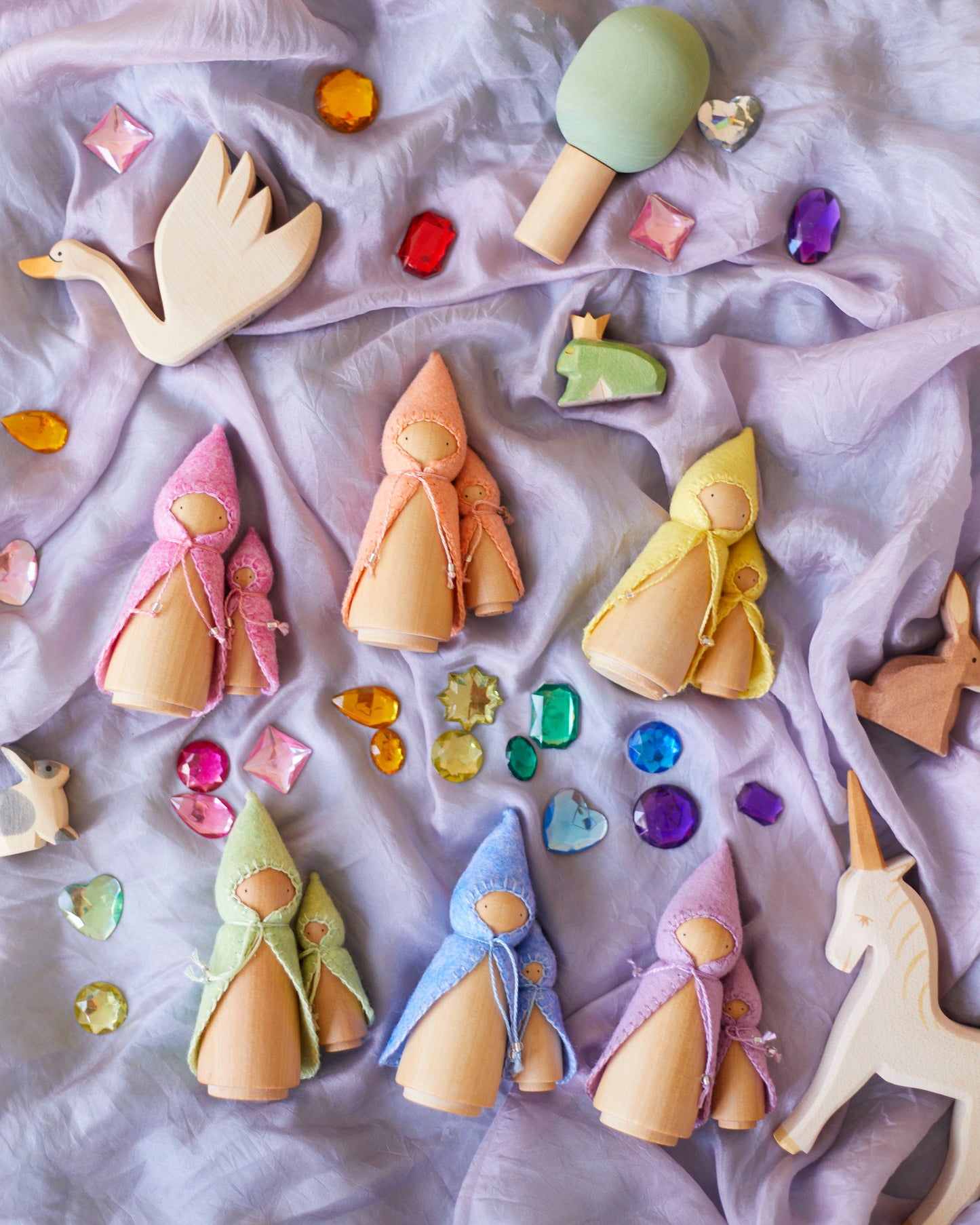 Pastel Rainbow Wooden Gnome Set