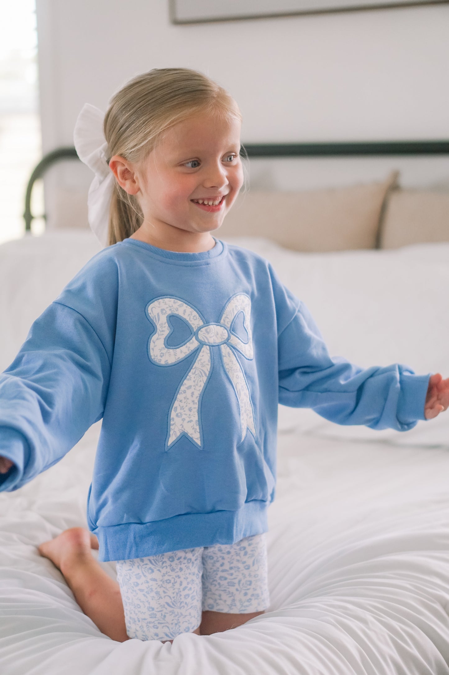 Blue Toile Applique Bow Sweatshirt Romper or Crewneck