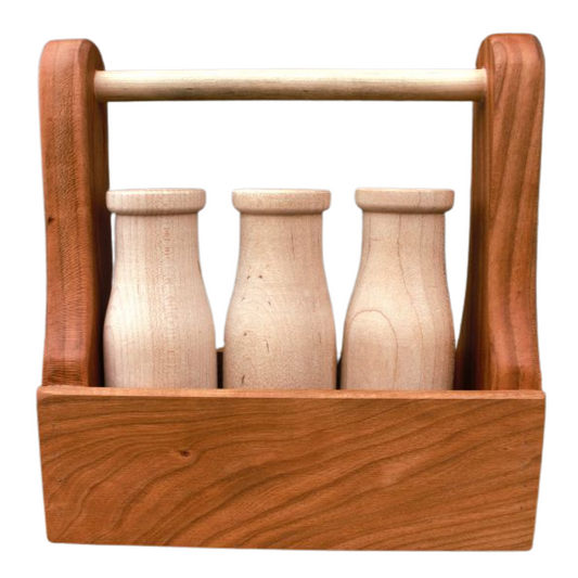 Milk Crate with Three Wooden Bottles