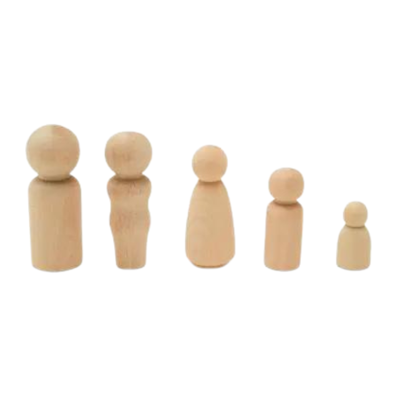 Five small, wooden peg dolls in decreasing size