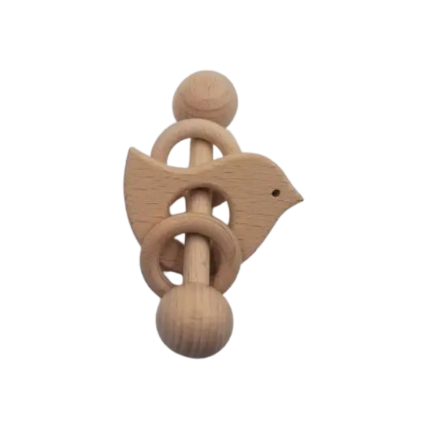 Wooden Bird Rattle Teether with Rings