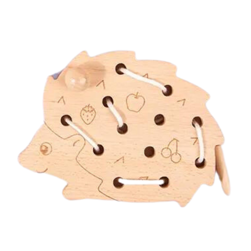 Wooden hedgehog lacing and threading toy for children