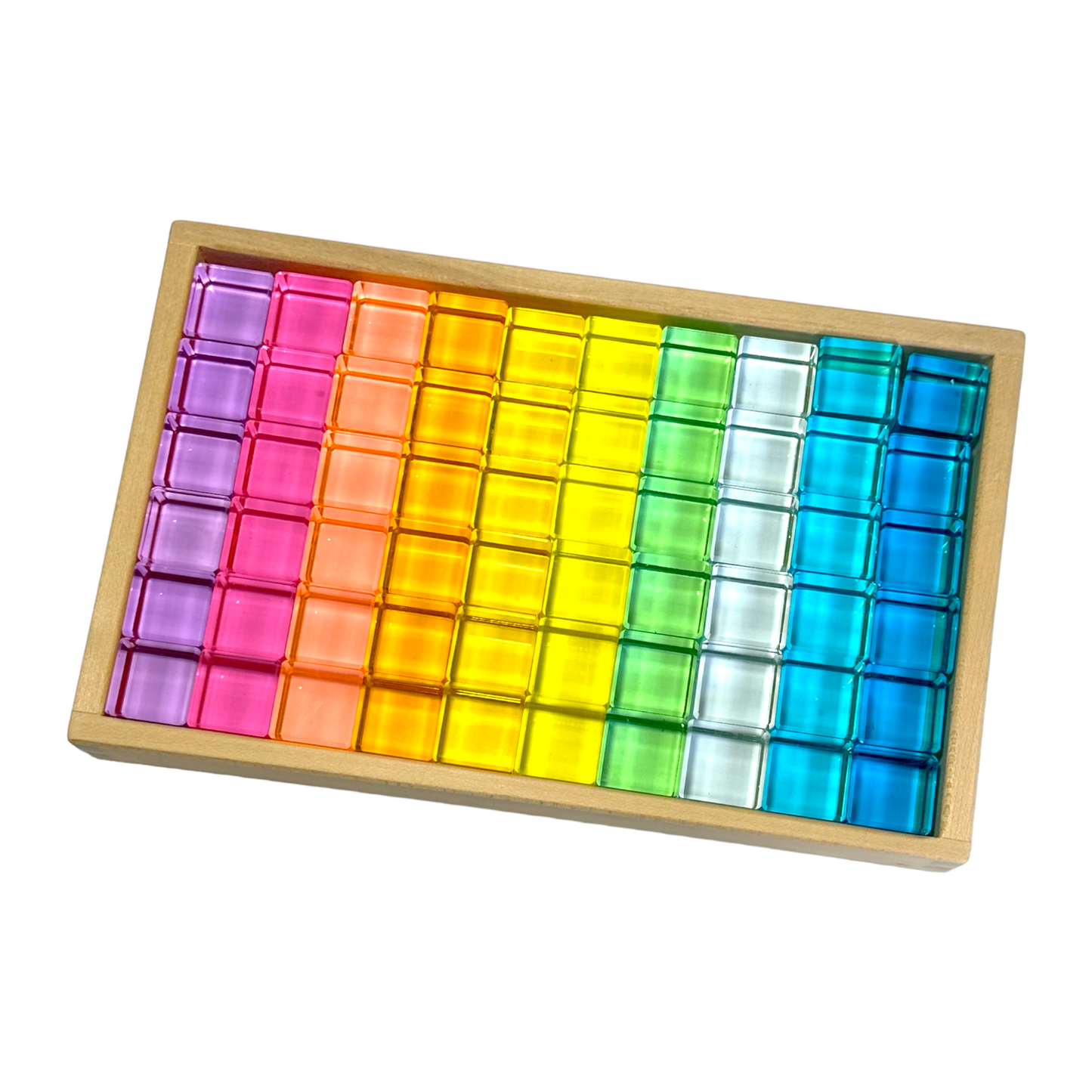 60 Pcs Crystal Clear High Transparency Lucite Cubes Set with Wooden Tray – Rainbow or Pastel Colors