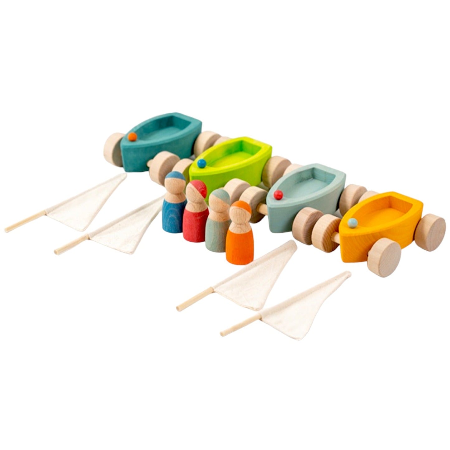 4 Pcs STAINED Wooden Land Yachts Set with 4 Peg Dolls