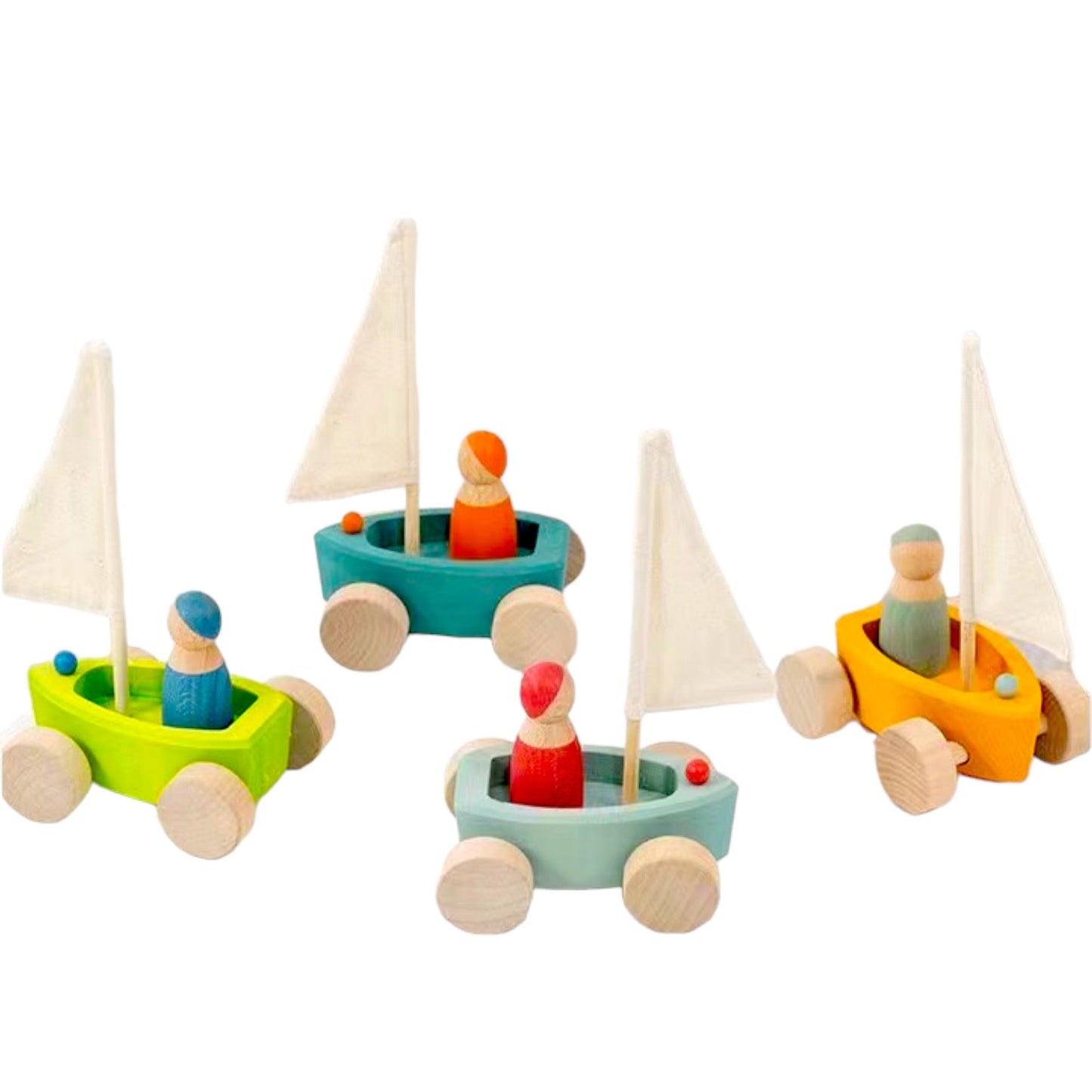 4 Pcs STAINED Wooden Land Yachts Set with 4 Peg Dolls
