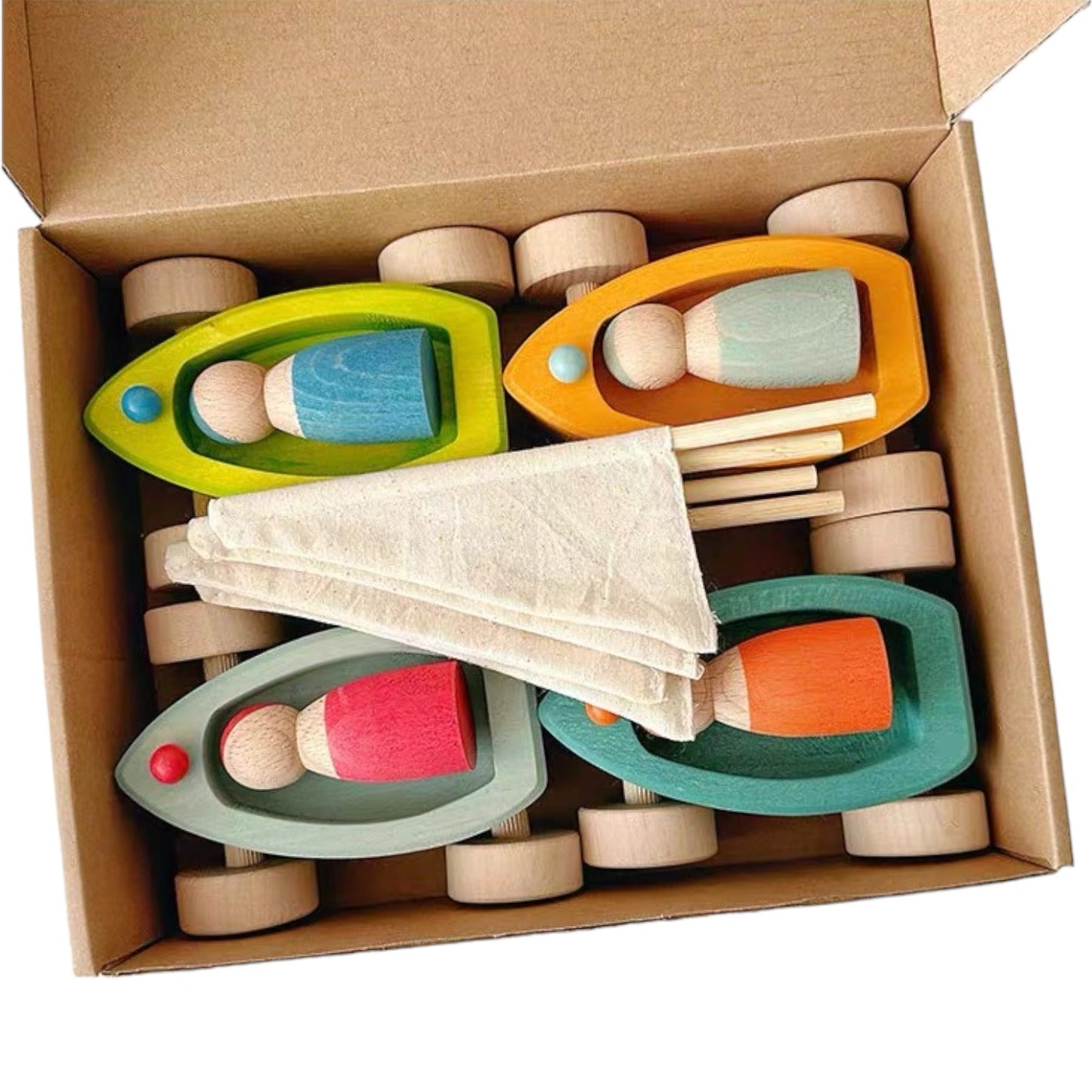4 Pcs STAINED Wooden Land Yachts Set with 4 Peg Dolls