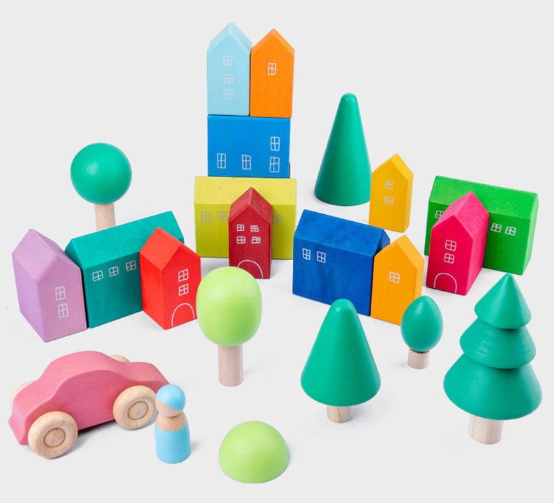 15-Piece Stained Little Village Wooden House Building Blocks Se