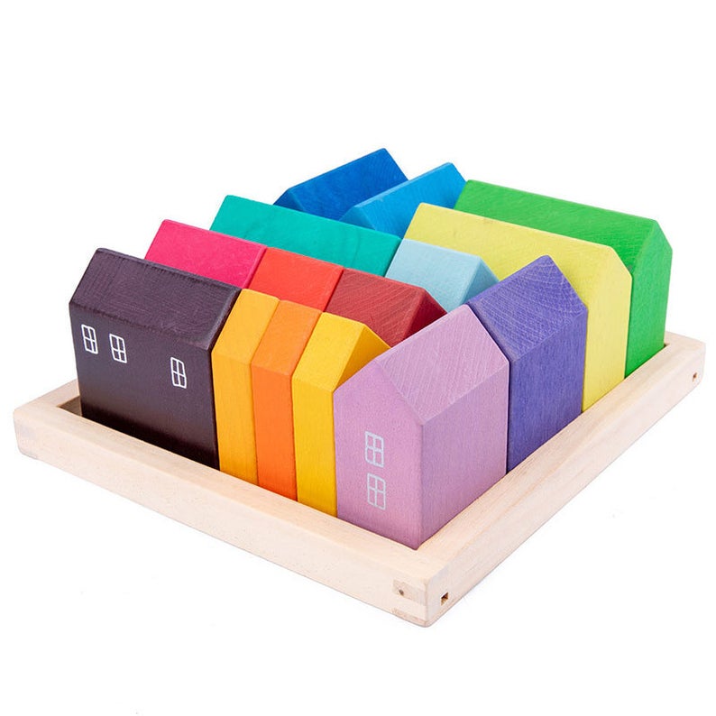 15-Piece Stained Little Village Wooden House Building Blocks Se