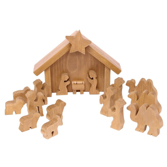 Wooden Nativity Manger Scene Set, 14 Pieces