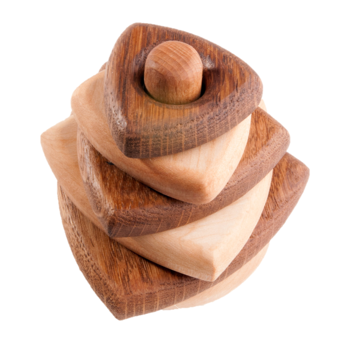 Wooden stacking toy in triangle shape from 2 types of wood