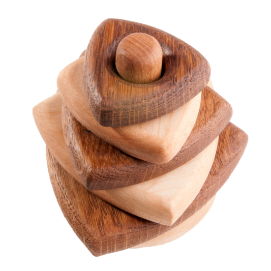 Wooden stacking toy in triangle shape from 2 types of wood
